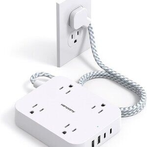 Flat Plug Power Strip 5ft Extension Cord with 4 USB Ports 4 Outlets Wall Mount E